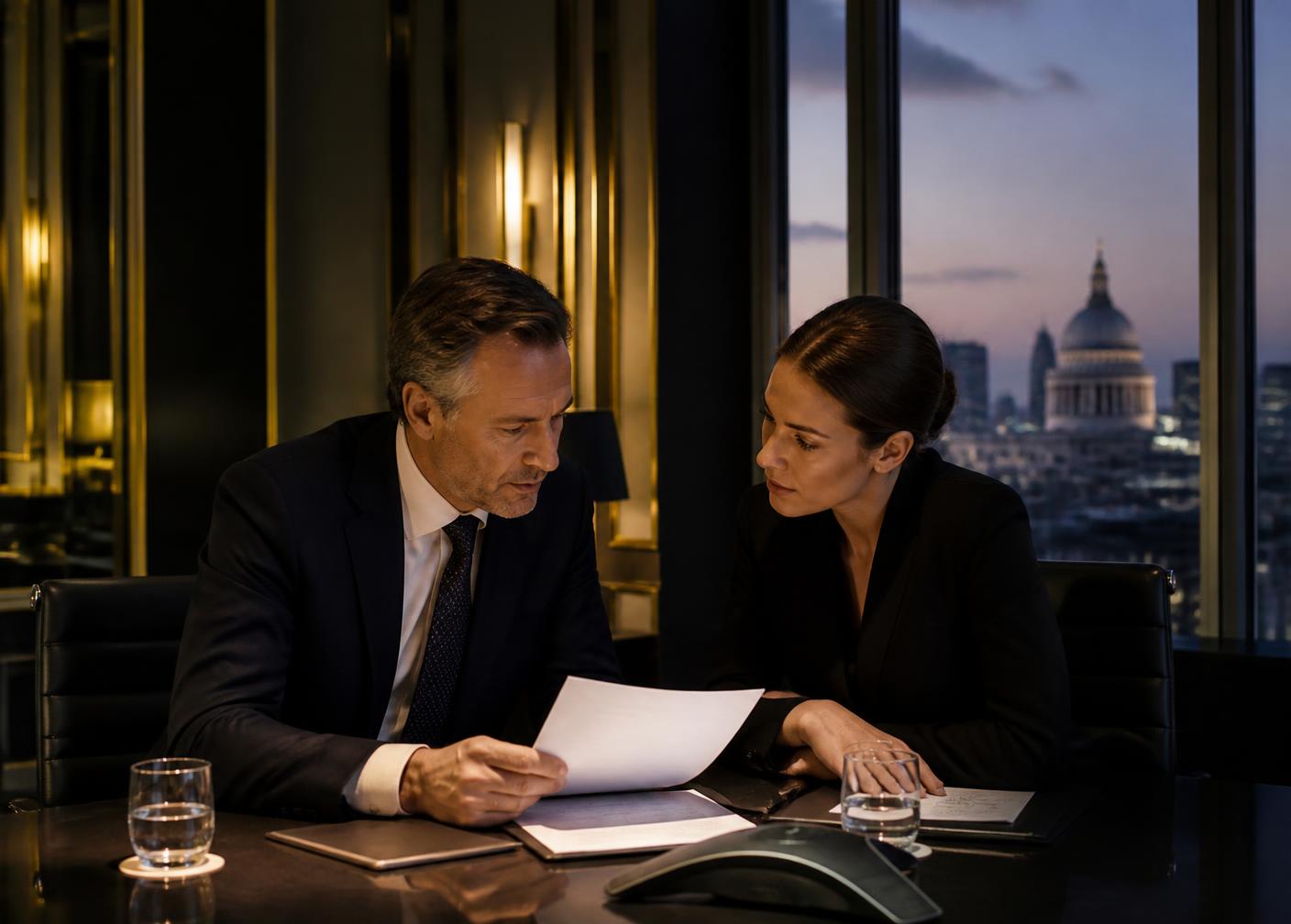 Two colleagues reviewing an agreed scope of work document in a London boardroom
