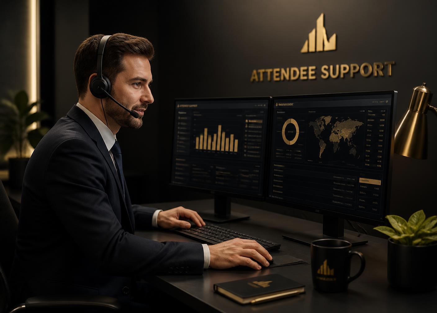 An attendee support specialist working at a dual-monitor administration desk